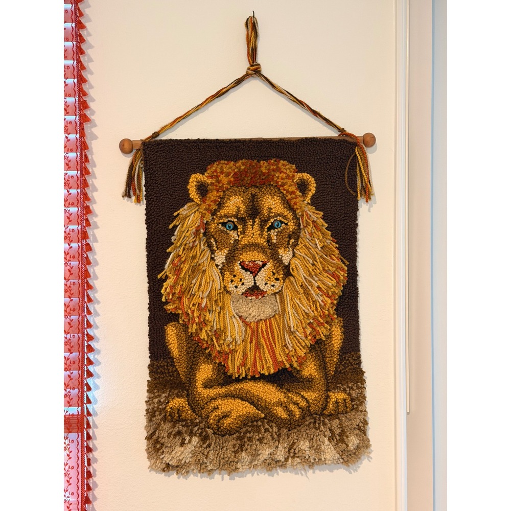 Vintage Latch Hook Lion Wall Hanging Art 70s Boho 33x22